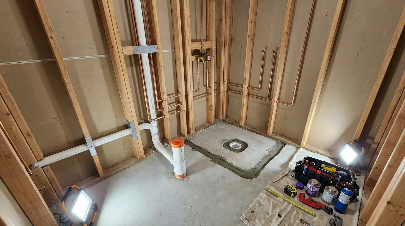 Bathroom rough-in plumbing during remodel by Johns Plumbing LLC in Dutch Harbor