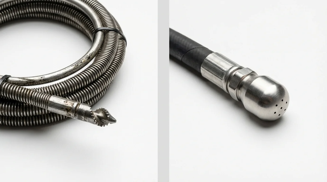 Drain snake cable and hydro jetting nozzle used for drain cleaning in Dutch Harbor, AK