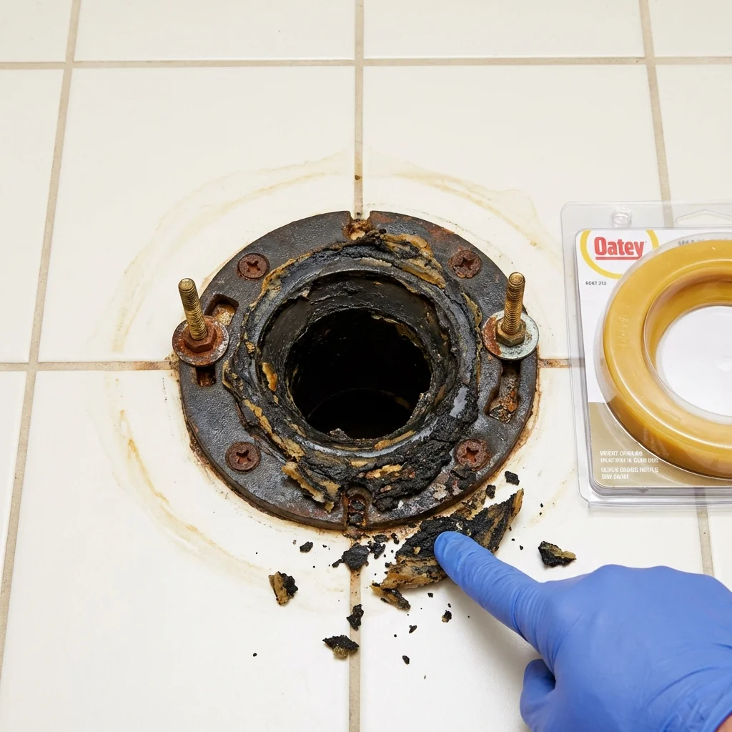 Failed wax ring showing water seepage at the base of a toilet in a Dutch Harbor, AK home
