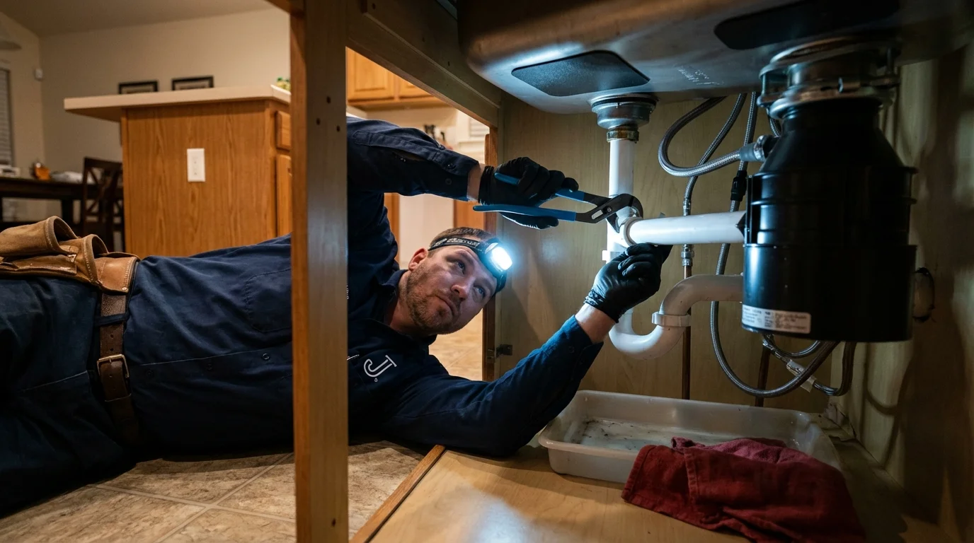 P-trap and supply line connections under a kitchen sink showing a common leak point in Dutch Harbor, AK